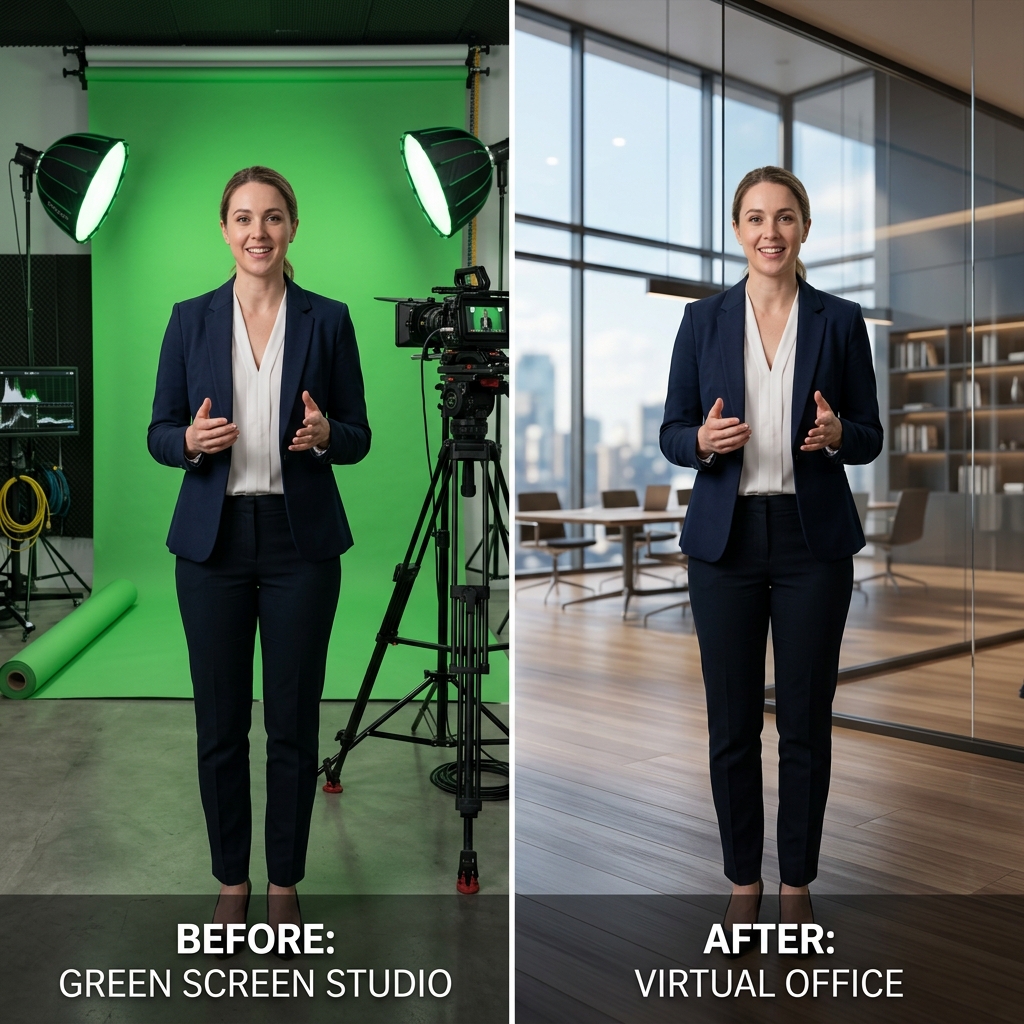 Resultado final de chroma key, troca de fundo por cenário virtual premium