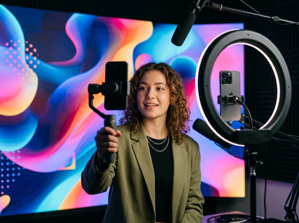 Criador de conteúdo gravando para redes sociais com fundo abstrato