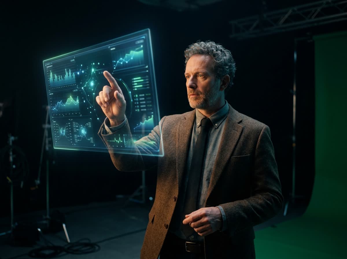 Professor gravando videoaula com cenário virtual