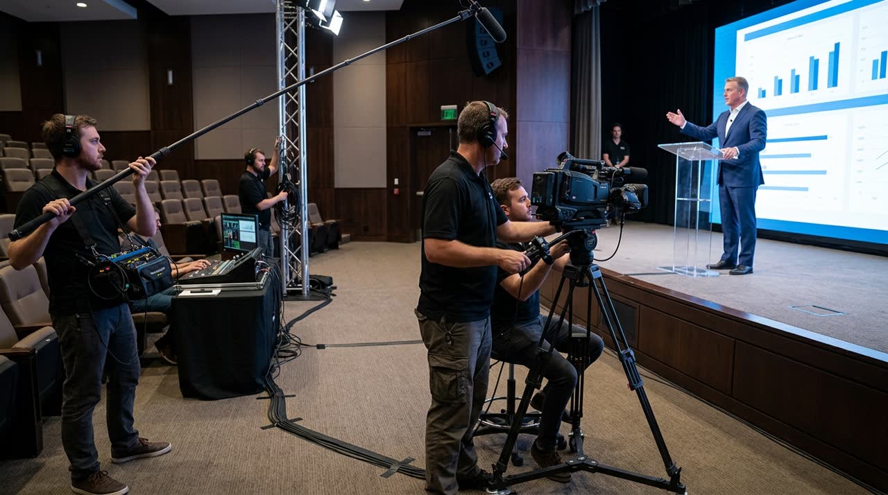 Bastidores de produção de vídeo corporativo no Estúdio 767